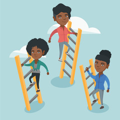 African-american business women using the ladders to climb the cloud. Business women climbing to success. Concept of success and competition in business. Vector cartoon illustration. Square layout.