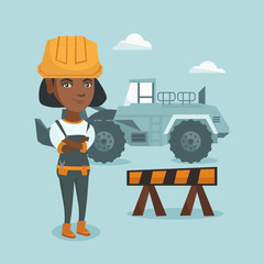 Young african-american builder standing with crossed arms. Confident female builder in hard hat standing on the background of road barrier and excavator. Vector cartoon illustration. Square layout.