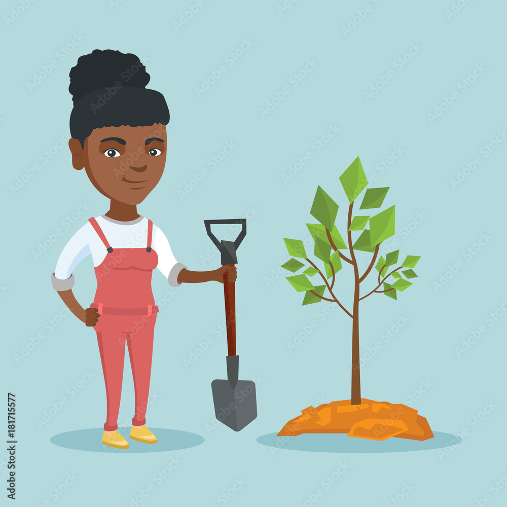 Poster Young smiling african-american woman planting a tree. Cheerful woman standing with shovel near newly planted tree. Concept of environmental protection. Vector cartoon illustration. Square layout.