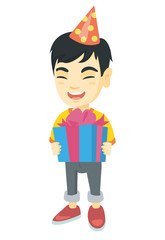 Asian happy smiling boy in birthday cap holding gift box. Full length of cheerful little boy with gift box. Vector sketch cartoon illustration isolated on white background.