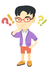 Asian boy standing under question marks and exclamation points. Pensive boy thinking with question and exclamation marks overhead. Vector sketch cartoon illustration isolated on white background.