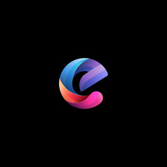 Initial lowercase letter e, curve rounded logo, gradient vibrant colorful glossy colors on black background