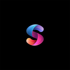 Initial lowercase letter s, curve rounded logo, gradient vibrant colorful glossy colors on black background