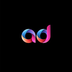 Initial lowercase letter ad, curve rounded logo, gradient vibrant colorful glossy colors on black background