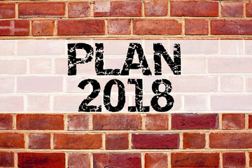 Conceptual announcement text caption inspiration showing Plan 2018. Business concept for Strategy Action Plan 2018 written on old brick background with copy space