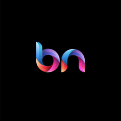 Initial lowercase letter bn, curve rounded logo, gradient vibrant colorful glossy colors on black background