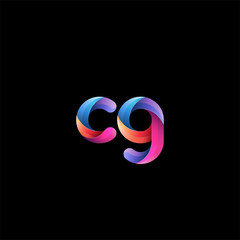 Initial lowercase letter cg, curve rounded logo, gradient vibrant colorful glossy colors on black background