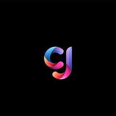 Initial lowercase letter cj, curve rounded logo, gradient vibrant colorful glossy colors on black background
