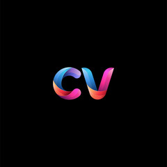 Initial lowercase letter cv, curve rounded logo, gradient vibrant colorful glossy colors on black background