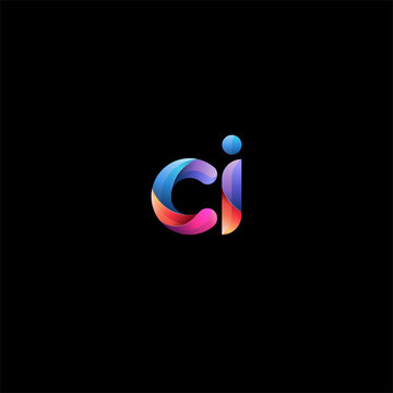Initial lowercase letter ci, curve rounded logo, gradient vibrant colorful glossy colors on black background