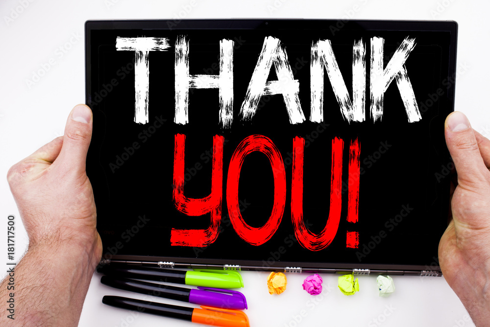 Fototapete writing text showing thank you made in the office with surroundings such as laptop, marker, pen. bus