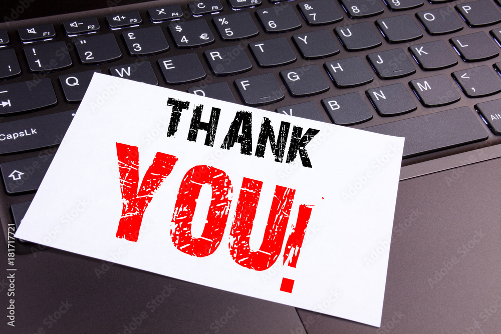 Fototapete writing thank you text made in the office close-up on laptop computer keyboard. business concept for