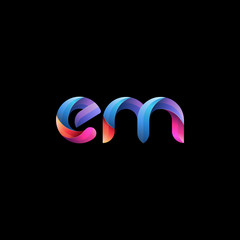 Initial lowercase letter em, curve rounded logo, gradient vibrant colorful glossy colors on black background