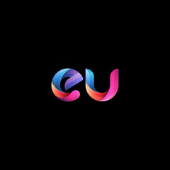 Initial lowercase letter eu, curve rounded logo, gradient vibrant colorful glossy colors on black background