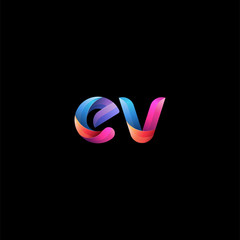 Initial lowercase letter ev, curve rounded logo, gradient vibrant colorful glossy colors on black background