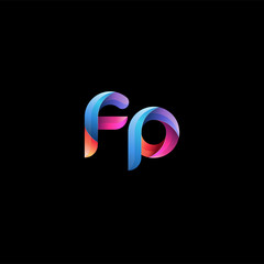 Initial lowercase letter fp, curve rounded logo, gradient vibrant colorful glossy colors on black background