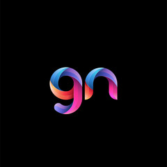 Initial lowercase letter gn, curve rounded logo, gradient vibrant colorful glossy colors on black background