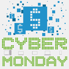 Pixel Sign with Money Symbol and Gadgets for Cyber Monday, Vector Illustration