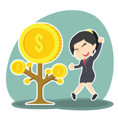 Fototapeta na wymiar Businesswoman happy her coin tree grow– stock illustration