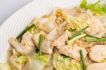 Fried Rice Noodles with Chicken isolated on white background.