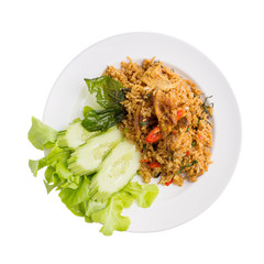 Holy Basil Fried Rice with Crispy Gourami Fish isolated on white background