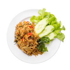 Holy Basil Fried Rice with Crispy Gourami Fish isolated on white background