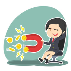 Fototapeta na wymiar Businesswoman relaxing using magnet to attract coin– stock illustration