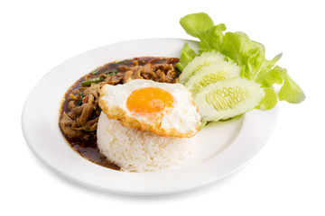 Holy Basil Fried Rice with pork and Fried Egg Sunny side Up isolated on white background