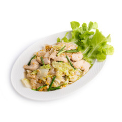 Fried Rice Noodles with Chicken isolated on white background.
