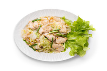 Fried Rice Noodles with Chicken isolated on white background.