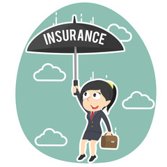 Businesswoman parachuting with insurance umbrella– stock illustration