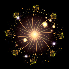 Naklejka premium fireworks bursting in glowing yellow and starry flashes around on black background