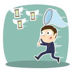 Businessman trying to catch flying hourglass– stock illustration