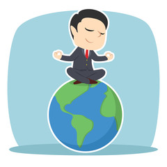 Businessman meditating on earth– stock illustration