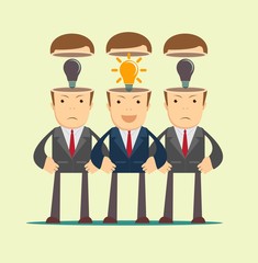 Leadership concept with crowd of businesspeople with lightbulb in the head. Open head. Business idea start up concept. Stock flat vector illustration.