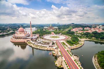 Aerial view of Masjid Putra, the Pink Mosque in Putra Jaya, Kuala Lumpur, Malaysia.