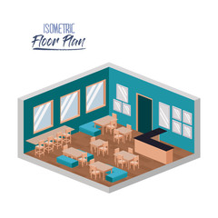 isometric floor plan of school canteen in colorful silhouette