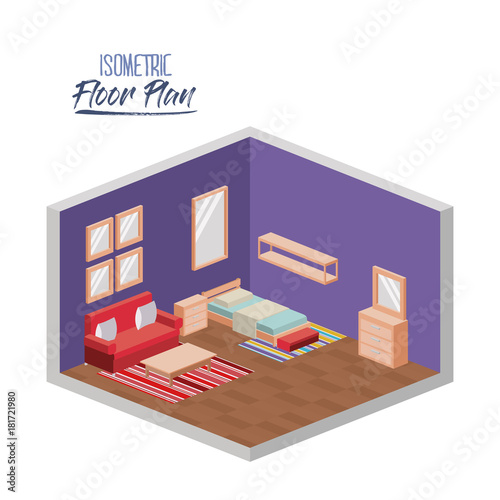 Isometric Floor Plan Of Bedroom Single Bed And Couch In Colorful