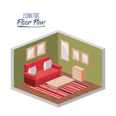 isometric floor plan of living room with carpet and furniture in colorful silhouette