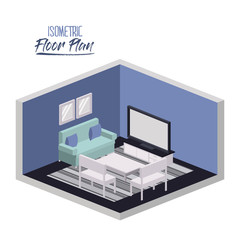 isometric floor plan of lounge room with carpet and television in colorful silhouette