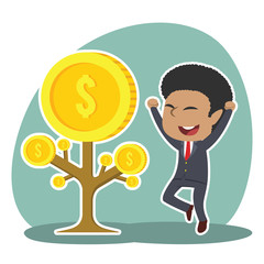 African businessman happy his coin tree grow– stock illustration