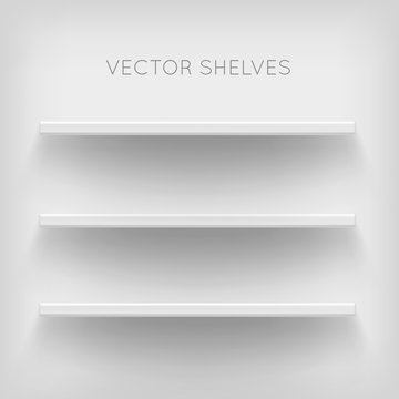 White Shelves On White Background. Realistic, Voluminous Racks With A Shadow. Vector Illustrations Of Empty Store Stand In The Supermarket, Front View