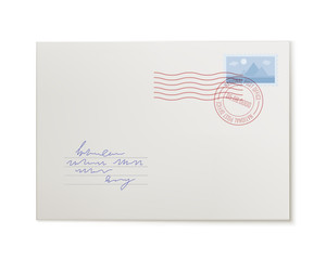 Mail envelope, front view, isolated. Postal message with address, stamp and mark. Realistic vector illustration of letter, invitation, congratulation