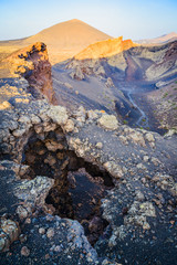 Incredible volcanic landscape in the volcano crater of El Cuervo. Lanzarote. Canary Islands. Spain