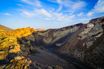 Incredible volcanic landscape in the volcano crater of El Cuervo. Lanzarote. Canary Islands. Spain