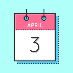 April Calendar Icon. Flat and thin line vector illustration. Spring calendar sheet on light blue background. April 3th.