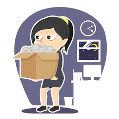 Businesswoman carrying box full of dim bulb– stock illustration