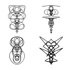 Set of symmetrical graphic design elements. Abstract geometric hand drawn symbols styles shapes. Occultism, sacred geometry magic alien. Vector.