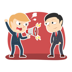Businessman yelling with megaphone to his male employee– stock illustration