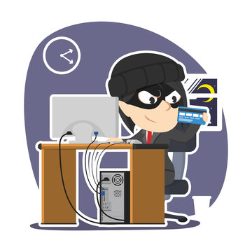 Thief businesswoman hacking company account bank using laptop– stock illustration